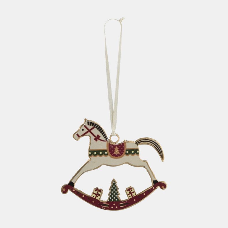 Wooden rocking horse Christmas hanging decoration featuring a cream horse with red and green festive saddle details, a curved rocking base with Christmas tree and gift motifs, gold-tone edging, and a cream ribbon hanging loop.