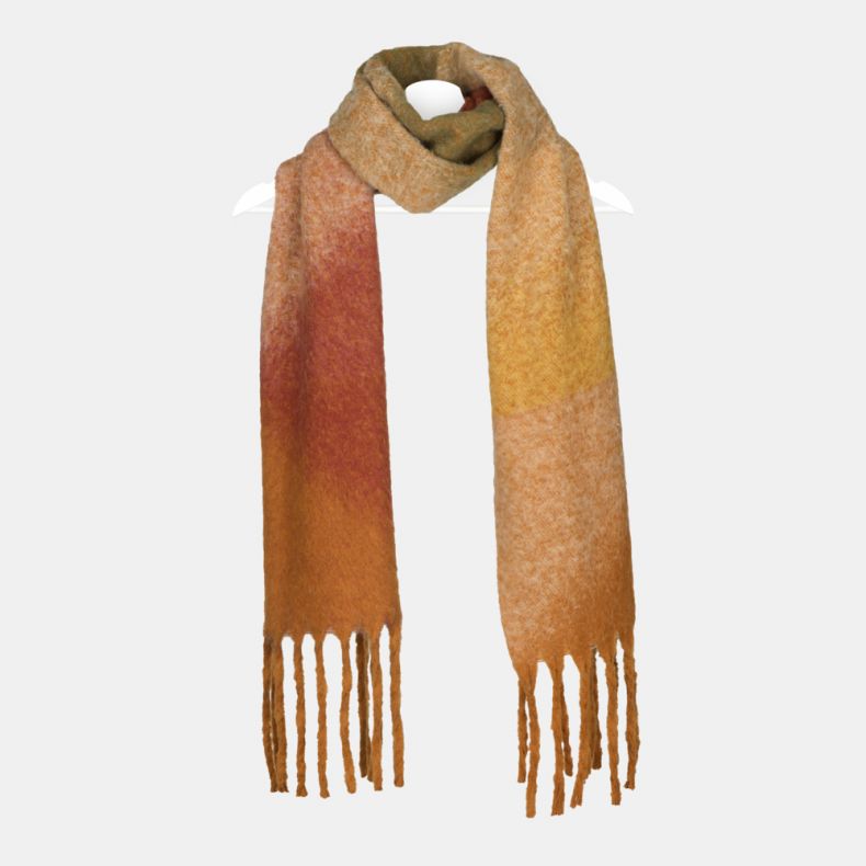 Orange and burgundy ombre scarf with a soft brushed texture, featuring blended shades of mustard yellow, rust orange, burgundy and olive green, finished with long fringed ends and displayed draped on a hanger.