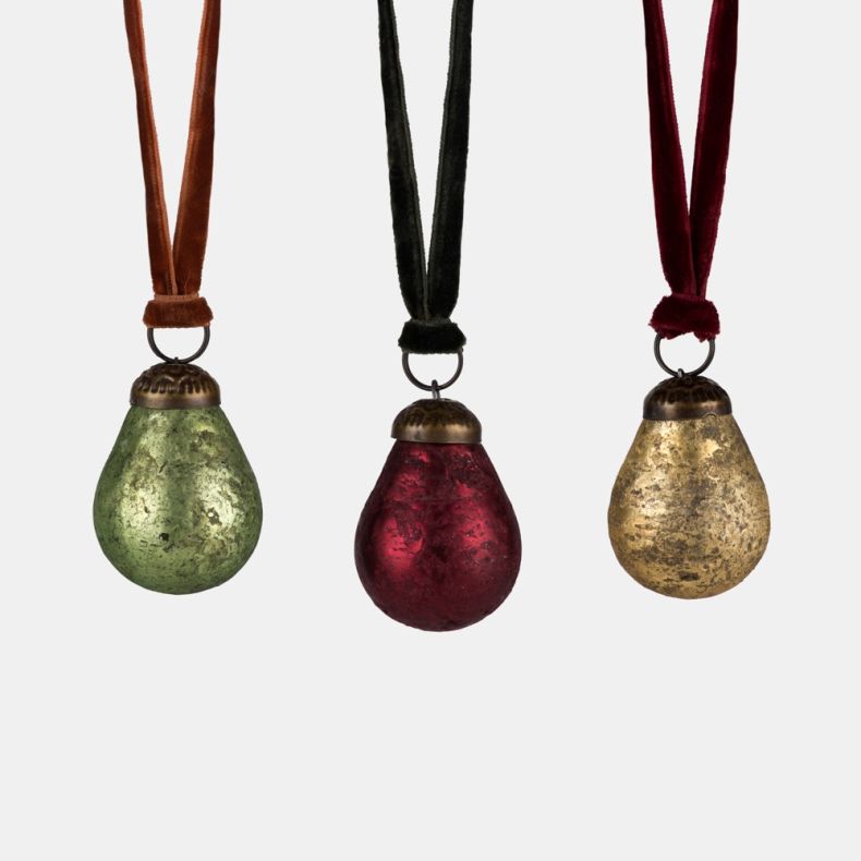 Set of three pear-shaped glass Christmas hanging decorations featuring antique-effect finishes in green, burgundy and gold tones, each with bronze-tone cap detailing and suspended from coordinating velvet ribbon loops in rust, dark green and burgundy for 