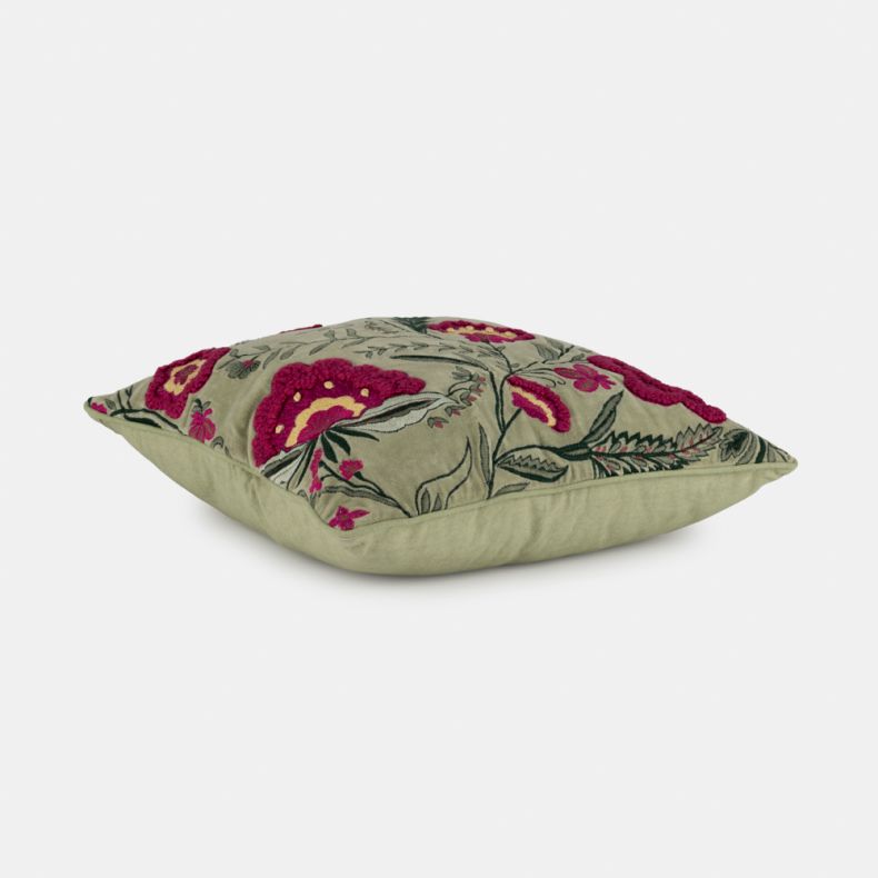 National Trust Floral Embroidered Velvet Cushion, Green