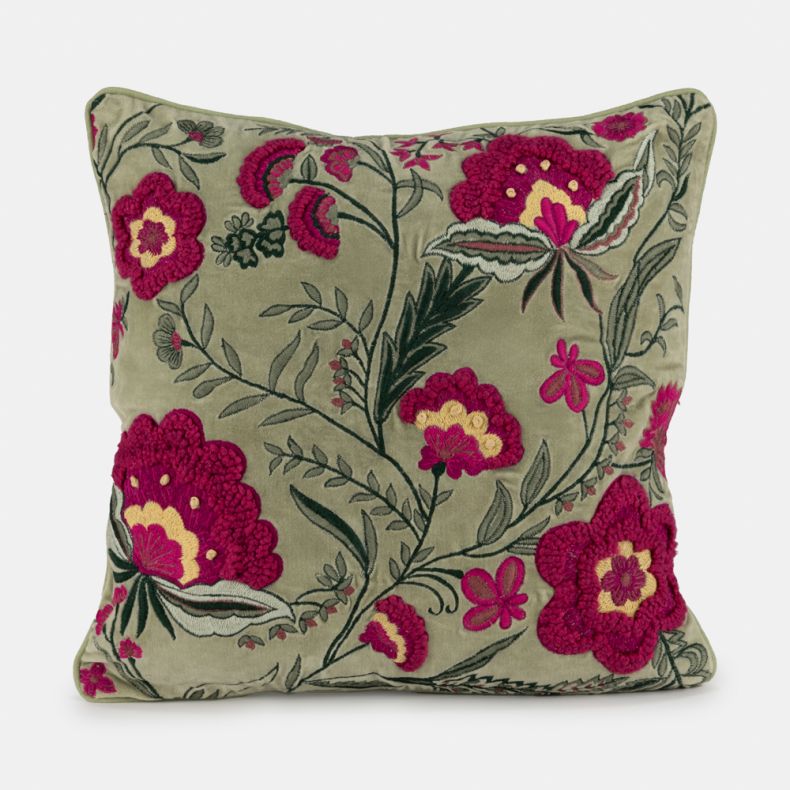 National Trust Floral Embroidered Velvet Cushion, Green