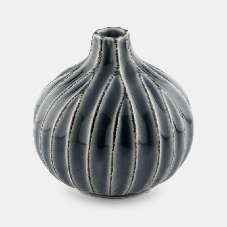 Decorative ceramic vase with a rounded, ribbed silhouette and narrow neck, finished in a glossy blue-grey glaze with darker shaded grooves that accentuate the vertical fluted pattern. The vase features a subtle crackle-effect finish and is displayed again