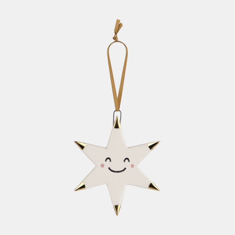 White ceramic star Christmas hanging decoration featuring a smiling face with pink cheek details, gold-tone tipped points, a glossy glazed finish, and a gold hanging ribbon for festive seasonal décor.