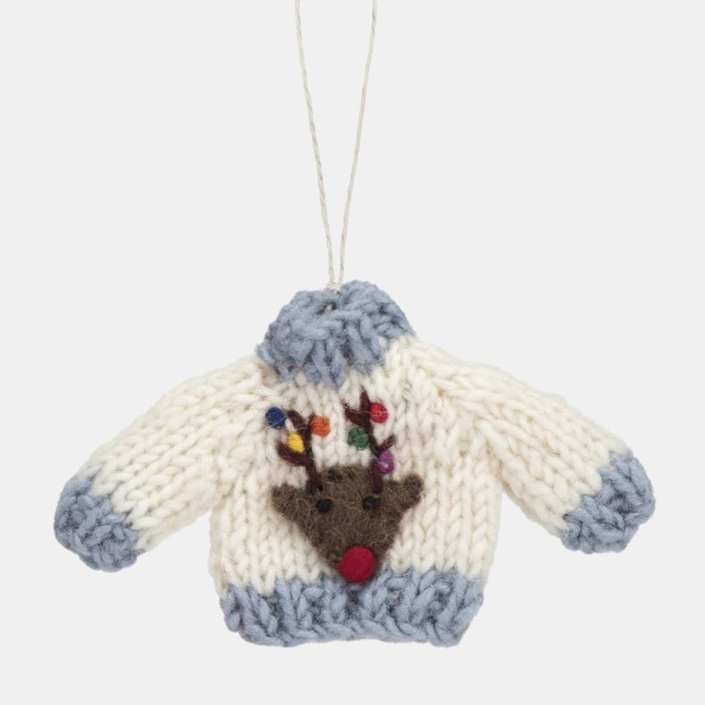 White knitted Christmas jumper hanging decoration with pale blue ribbed collar, cuffs and hem, featuring a reindeer motif with a red nose and multicoloured festive lights on the antlers, suspended from a white hanging loop.