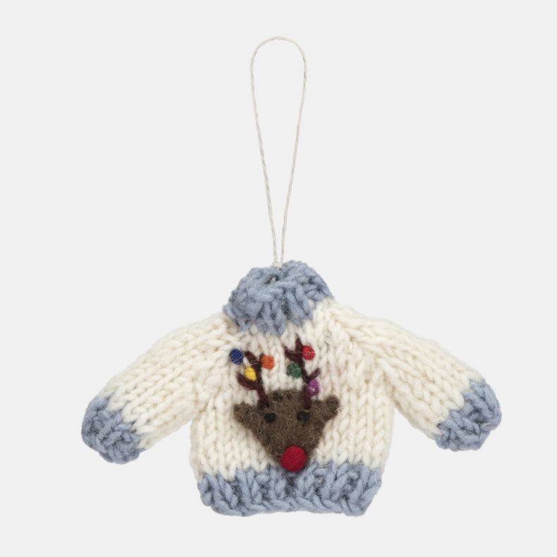 White knitted Christmas jumper hanging decoration with pale blue ribbed collar, cuffs and hem, featuring a reindeer motif with a red nose and multicoloured festive lights on the antlers, suspended from a white hanging loop.