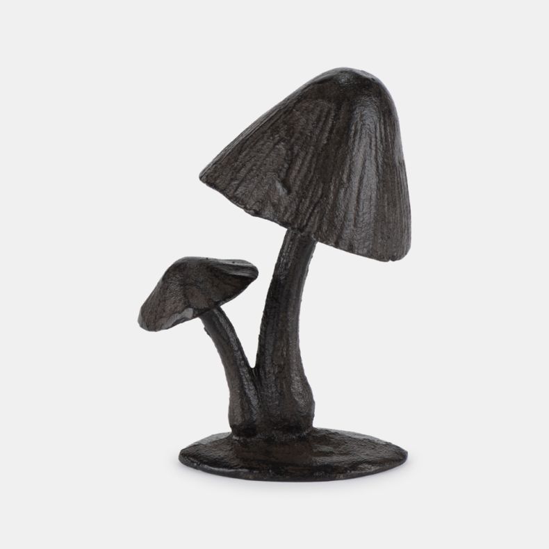 Cast iron mushroom sculpture featuring two mushrooms with textured stems and detailed caps, finished in a dark brown weathered patina and mounted on a solid base, isolated on a white background.