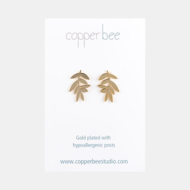 Copper Bee Leaf Stud Earrings