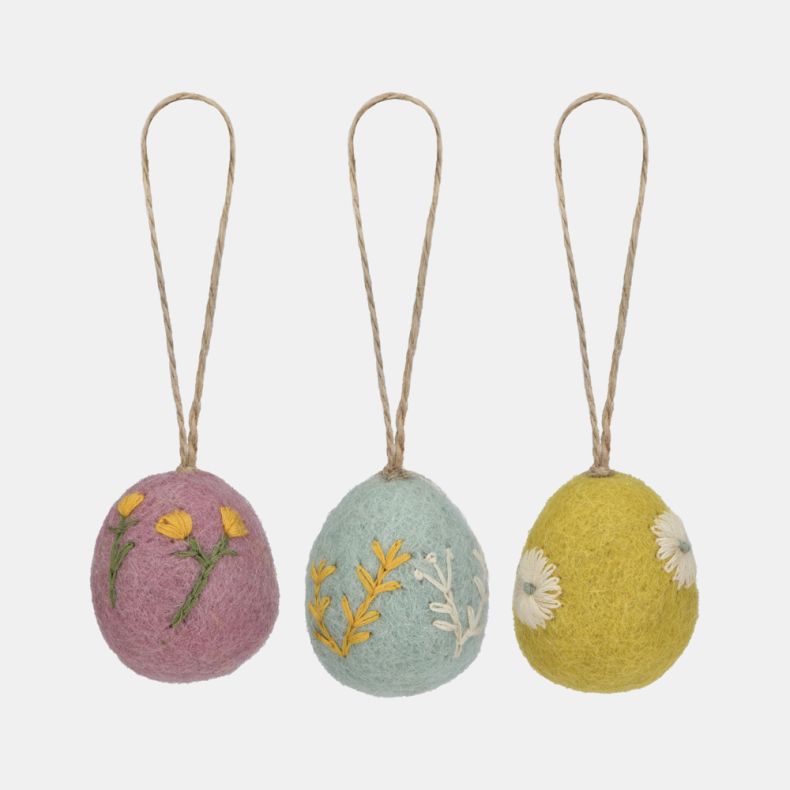 Felt Embroidered Easter Eggs, Set of 3