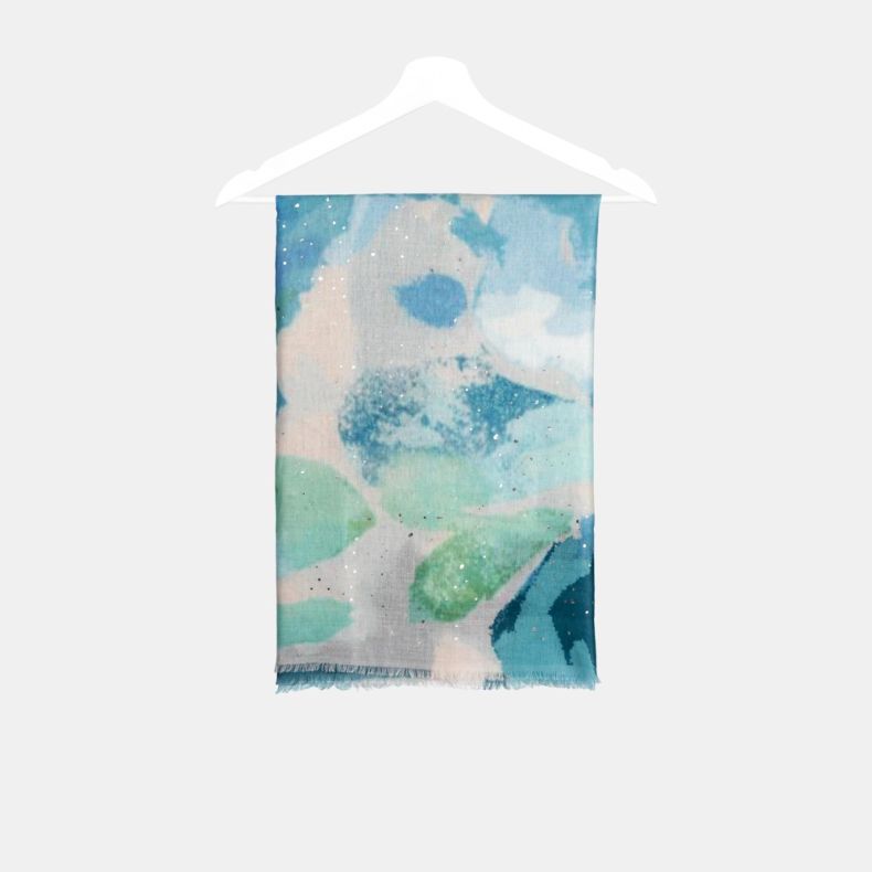 Peace Of Mind Abstract Blue and Green with Foil Recycled Polyester Scarf