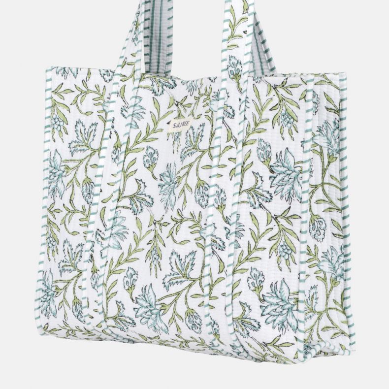Sautree Clematis Hand Block Printed Quilted Tote Bag