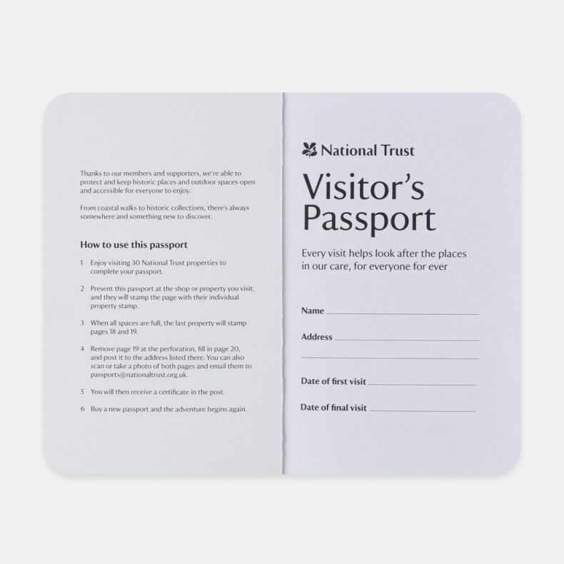 National Trust Visitor’s Passport booklet opened to the introductory pages, showing instructions for collecting property stamps, visitor information, and spaces to record a name, address, and visit dates, with National Trust branding and printed text on w