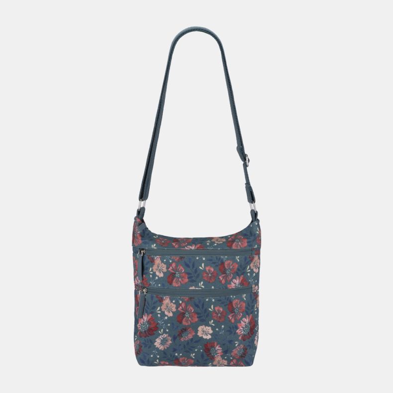 Blue floral crossbody bag with adjustable shoulder strap and multiple zip pockets.