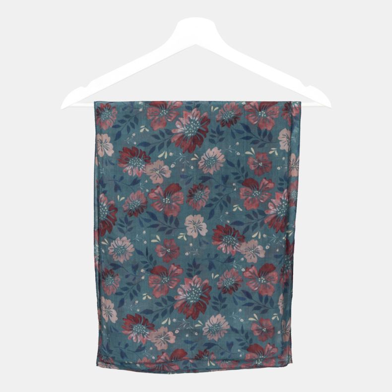 Blue floral scarf folded on a hanger, featuring an all-over pink and red floral print on lightweight semi-sheer fabric.