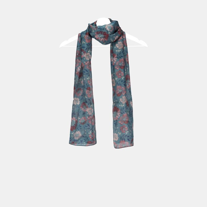 Blue floral scarf with an all-over pink and red floral print, lightweight semi-sheer fabric, and long rectangular design elegantly draped on a hanger.