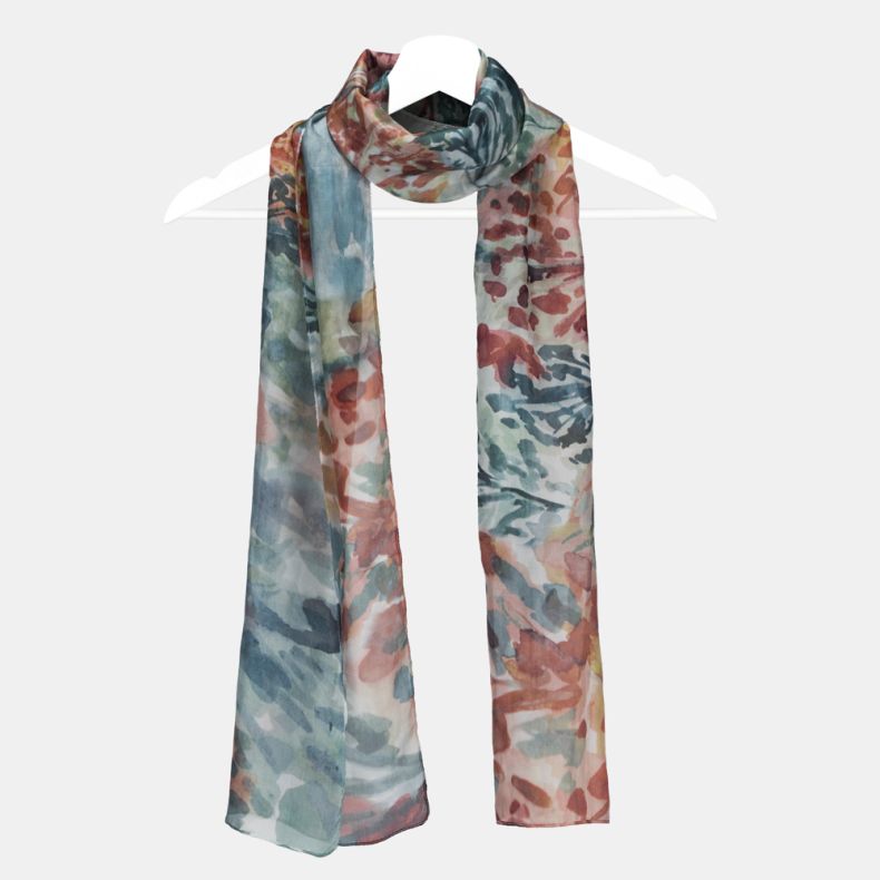 Abstract floral print scarf with soft blue, teal and coral tones, lightweight semi-sheer fabric, and long rectangular design draped on a hanger.