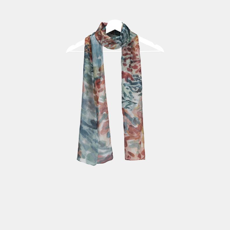 Abstract floral print scarf with soft blue, teal and coral watercolor-style patterns, lightweight semi-sheer fabric, and long rectangular design displayed draped on a hanger.