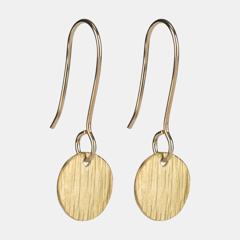 Gold-tone disc drop earrings featuring a brushed textured finish, round pendant charms, and elegant fishhook ear wires.