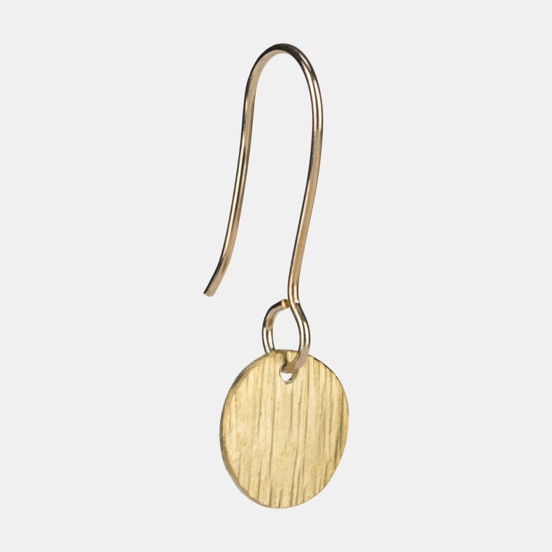 Gold-tone disc drop earring with a brushed textured round pendant and elegant fishhook ear wire, shown in a close-up view.