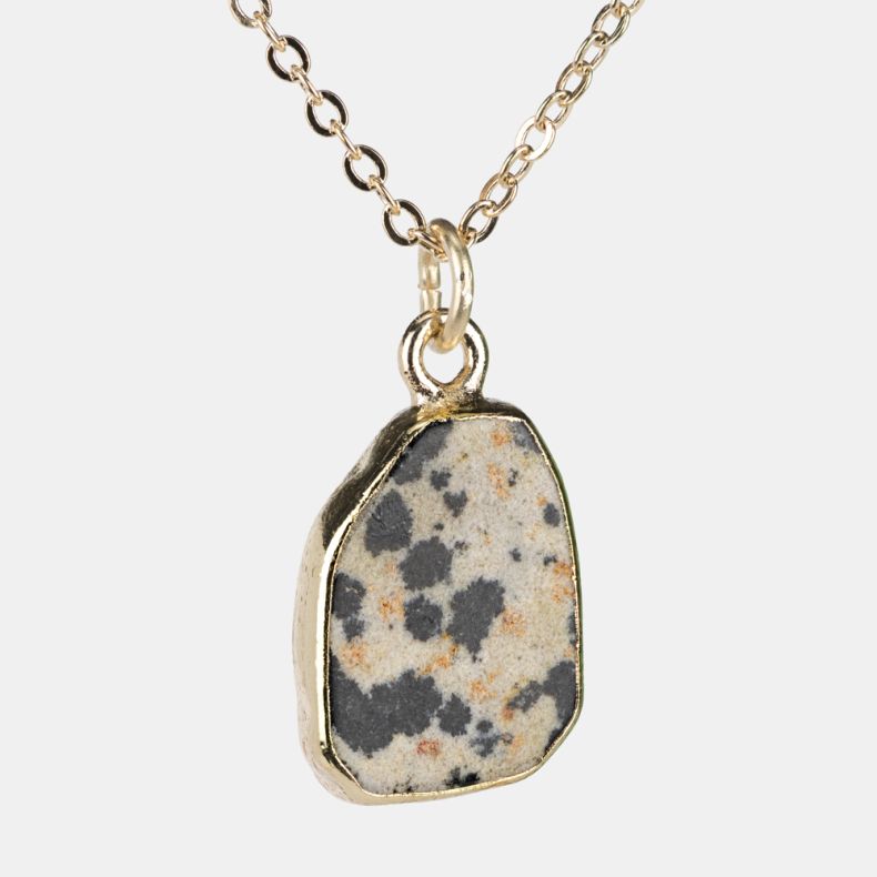 Gold-tone necklace with an irregular dalmatian jasper stone pendant, featuring a cream-toned natural stone design with black and warm beige speckled detailing shown in a close-up view on a fine link chain.