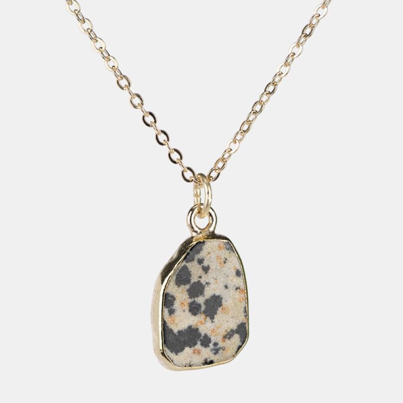 Gold-tone necklace with an irregular dalmatian jasper stone pendant, featuring a cream-toned natural stone design with black and warm beige speckled detailing on a fine link chain.