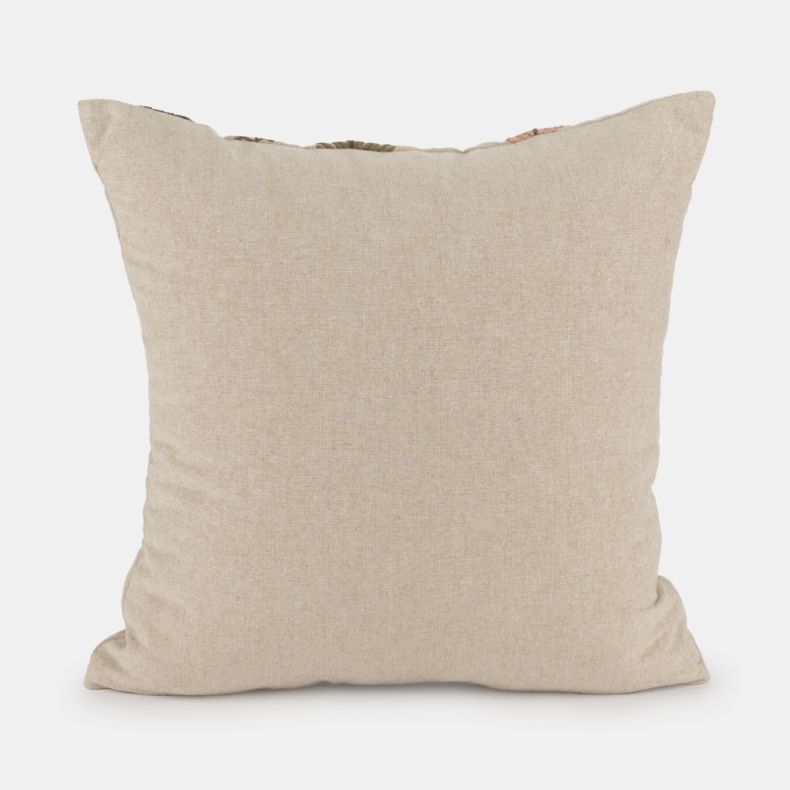 Beige cushion reverse with a plain natural linen-look fabric cover, featuring a simple unembellished design and soft square silhouette.
