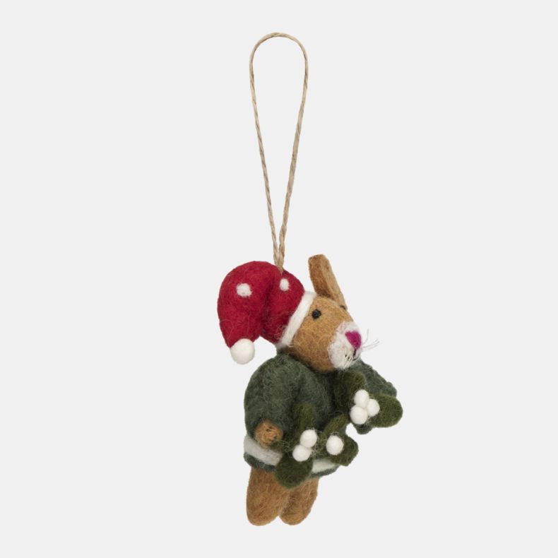 Felt mouse Christmas hanging decoration shown from a side view, featuring a brown wool-effect body, red spotted Santa hat, dark green jumper, and a sprig of mistletoe with white berries, finished with needle-felted detailing and a rustic twine hanging loo