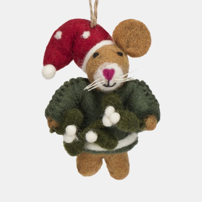 Felt mouse Christmas hanging decoration shown in a close-up view, featuring a brown wool-effect body, red spotted Santa hat, dark green jumper, pink nose, white whisker detailing, and a sprig of mistletoe with white berries, finished with a rustic twine h