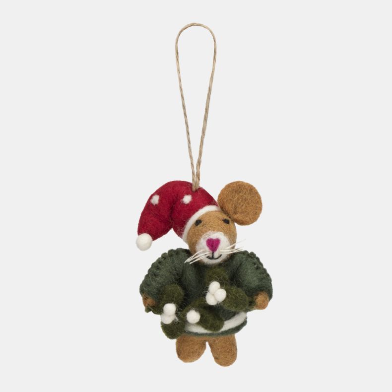 Felt mouse Christmas hanging decoration featuring a brown wool-effect body, red spotted Santa hat, dark green jumper, and a sprig of mistletoe with white berries, finished with needle-felted detailing and a rustic twine hanging loop.
