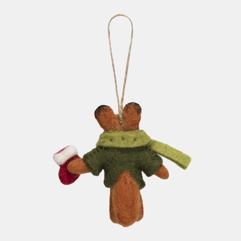 Felt fox Christmas hanging decoration shown from the reverse side, featuring an orange wool-effect tail, dark green coat, light green scarf, red mug, and needle-felted handcrafted detailing, finished with a rustic twine hanging loop.