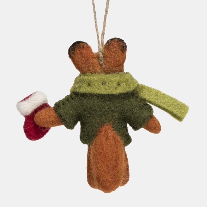 Felt fox Christmas hanging decoration shown from the reverse side in a close-up view, featuring an orange wool-effect tail, dark green coat, light green scarf, red mug, and handcrafted needle-felted detailing, finished with a rustic twine hanging loop.