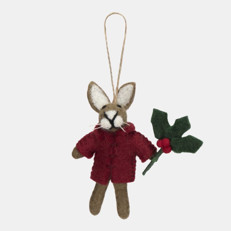 Felt hare Christmas hanging decoration featuring a grey-brown wool-effect body, bright red coat, and a holly sprig with red berries, finished with handcrafted needle-felted detailing and a rustic twine hanging loop.