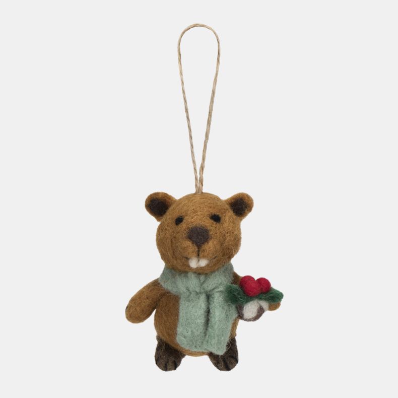 Felt beaver Christmas hanging decoration featuring a brown wool-effect body, pale blue scarf, and a holly sprig with red berries, finished with handcrafted needle-felted detailing, embroidered facial features, and a rustic twine hanging loop.