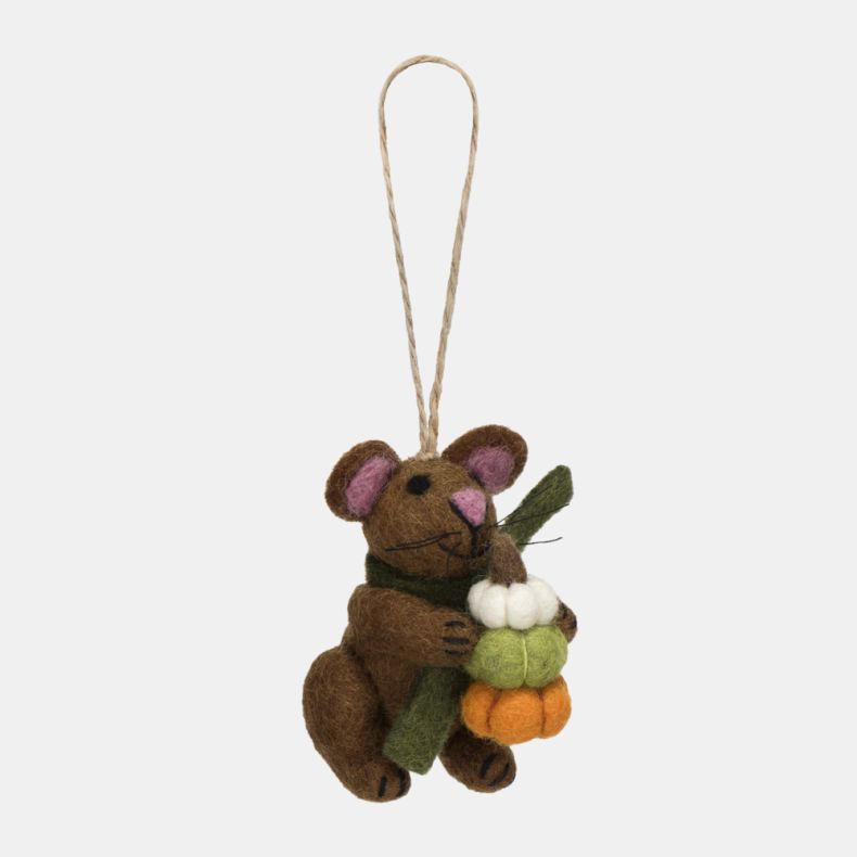 Felt mouse hanging decoration shown from the side, holding a stack of three pumpkins in white, green, and orange felt. Crafted in brown felt with pink ears, whiskers, stitched details, and a natural hanging loop, making it a charming autumn ornament for s