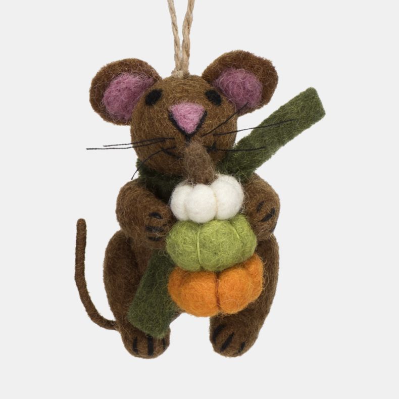 Felt mouse hanging decoration holding a stack of three pumpkins in white, green, and orange felt. Crafted in brown felt with pink ears, stitched details, whiskers, and a natural hanging loop, this charming autumn ornament is ideal for seasonal displays, h