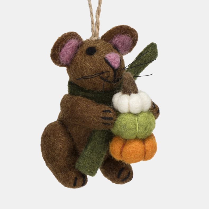 Felt mouse hanging decoration shown from the side, holding a stack of three pumpkins in white, green, and orange felt. Crafted in brown felt with pink ears, whiskers, stitched details, and a natural hanging loop, making it a charming autumn ornament for s