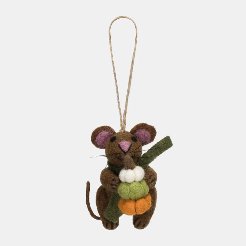 Felt mouse hanging decoration holding a stack of three pumpkins in white, green, and orange felt. Crafted in brown felt with pink ears, stitched details, whiskers, and a natural hanging loop, this charming autumn ornament is ideal for seasonal displays, h