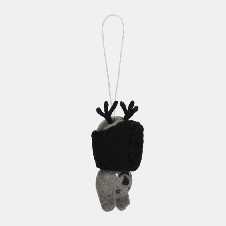 Felt bat hanging decoration shown from the side, featuring a grey felt body, black folded wings, and a playful winking face with small white fangs. Finished with black felt ears and a natural hanging loop, ideal for Halloween décor, seasonal displays, or 