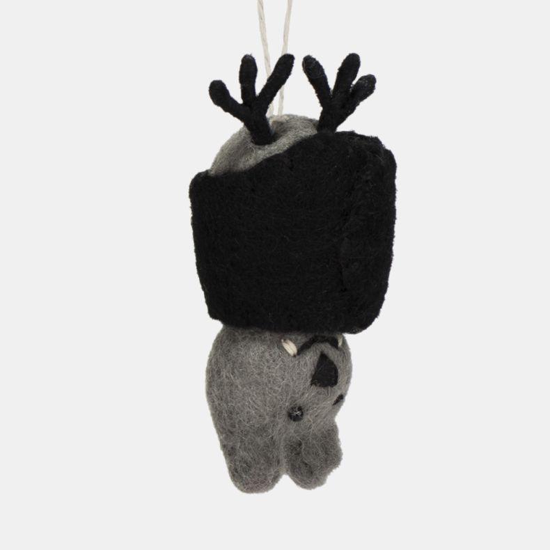 Felt bat hanging decoration shown from the side, featuring a grey felt body, black folded wings, and a playful winking face with small white fangs. Finished with black felt ears and a natural hanging loop, ideal for Halloween décor, seasonal displays, or 