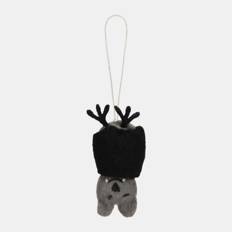 Felt bat hanging decoration with a grey felt body, black folded wings, and a playful winking expression. Finished with black felt ears, small white fangs, and a natural hanging loop, making it a charming Halloween ornament for seasonal displays, tree deco