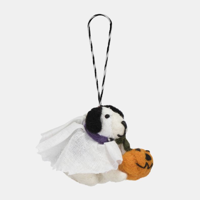 Felt dog ghost hanging decoration shown from the side, featuring a white ghost costume, black ears, a purple collar detail, and an orange jack-o'-lantern pumpkin. Finished with a black-and-white hanging loop, ideal for Halloween displays, tree decorating,