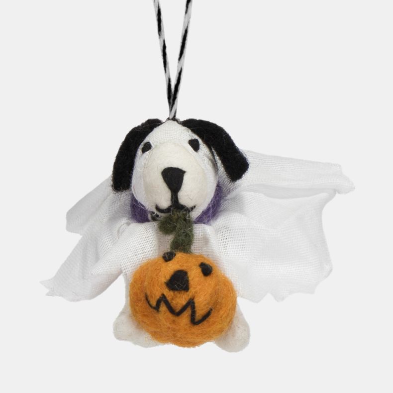 Felt dog ghost hanging decoration featuring black ears, a white ghost costume, and an orange jack-o'-lantern pumpkin detail. Finished with a black-and-white hanging loop and purple collar accent, this playful Halloween ornament is ideal for seasonal displ