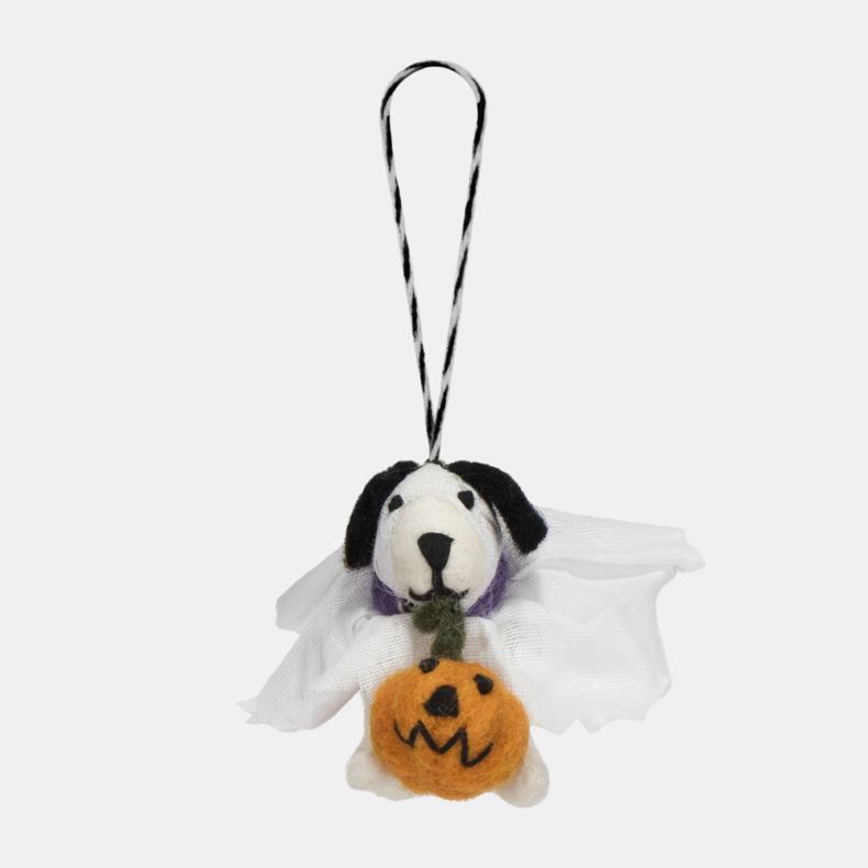 Felt dog ghost hanging decoration featuring a white fabric ghost costume, black ears, and an orange jack-o’-lantern pumpkin. Finished with a black-and-white