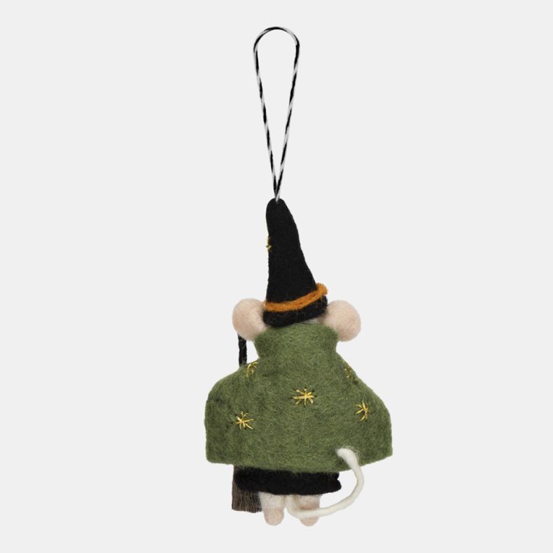 Felt mouse Wizard hanging decoration viewed from the back, wearing a green cape with gold star embroidery and a black witch’s hat trimmed in orange. Features a white tail, miniature broom, and black-and-white hanging loop, ideal for Halloween décor.