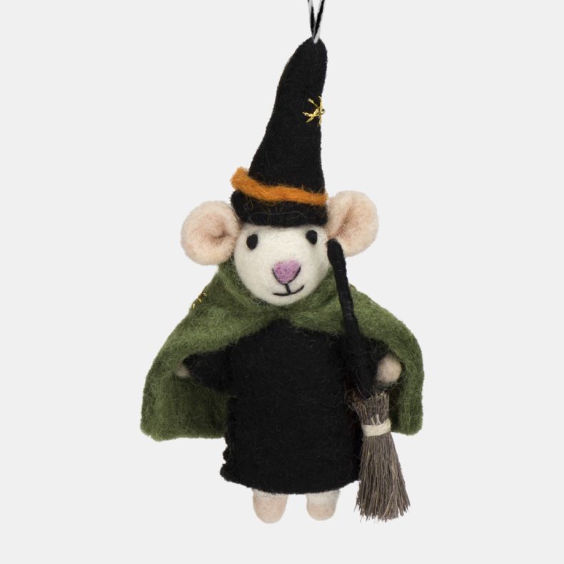 Felt mouse Wizard hanging decoration wearing a black dress, pointed witch’s hat with orange trim, and green cape with gold star detailing. Holding a miniature broom and finished with a black-and-white hanging loop, this charming Halloween ornament is idea
