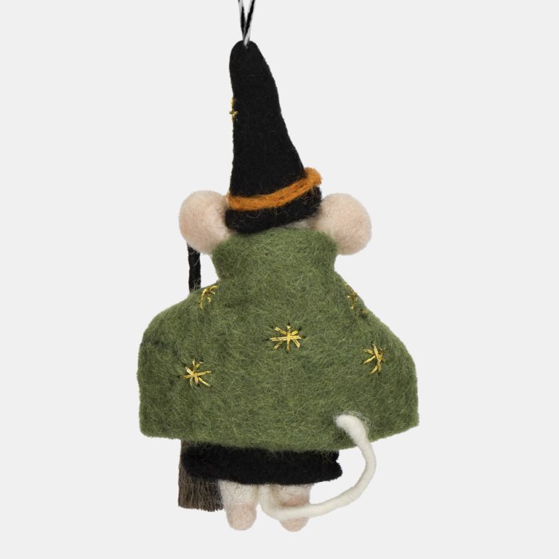 Felt mouse Wizard hanging decoration viewed from the back, wearing a green cape with gold star embroidery and a black witch’s hat trimmed in orange. Features a white tail, miniature broom, and black-and-white hanging loop, ideal for Halloween décor.
