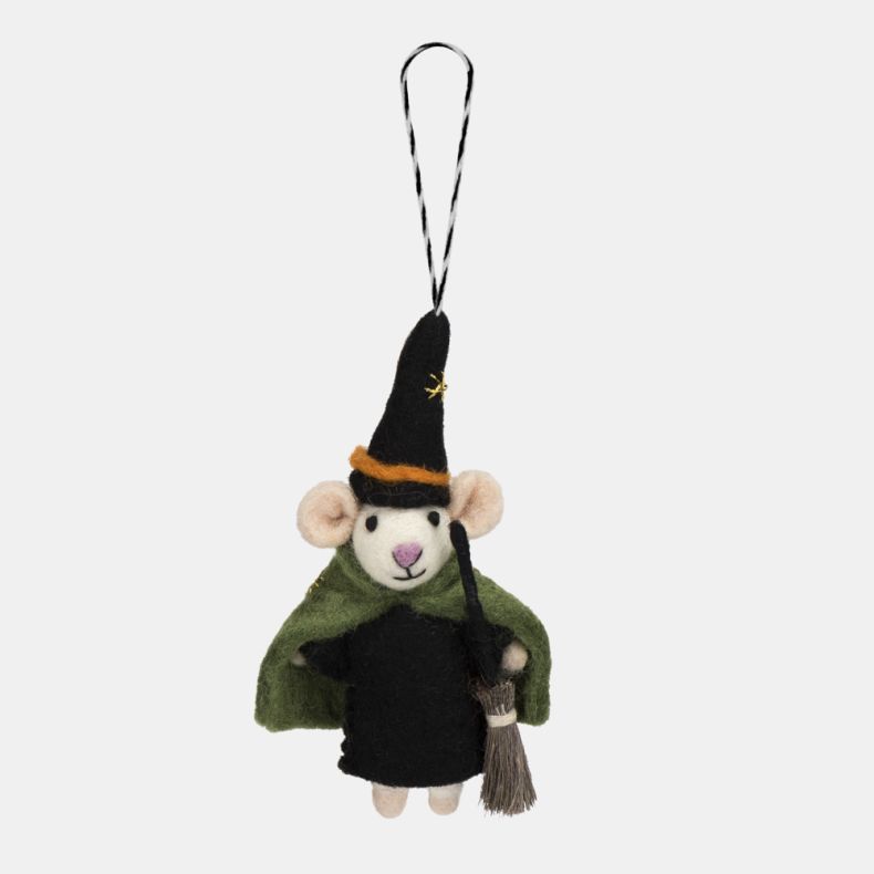 Felt mouse Wizard hanging decoration wearing a black hat and cloak with a green cape, holding a miniature broom. Finished with a black and white hanging loop, this charming Halloween ornament is ideal for seasonal displays, trees, or gifting.