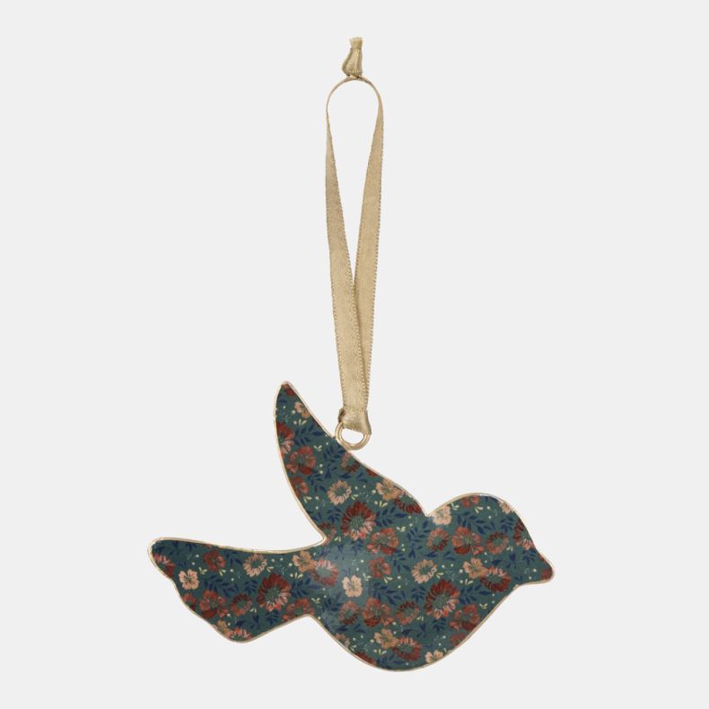 Erddig print bird-shaped hanging decoration featuring a floral pattern in teal, coral, and pink tones with gold accents. Finished with a gold ribbon loop for hanging, ideal for seasonal displays, home décor, or gifting.