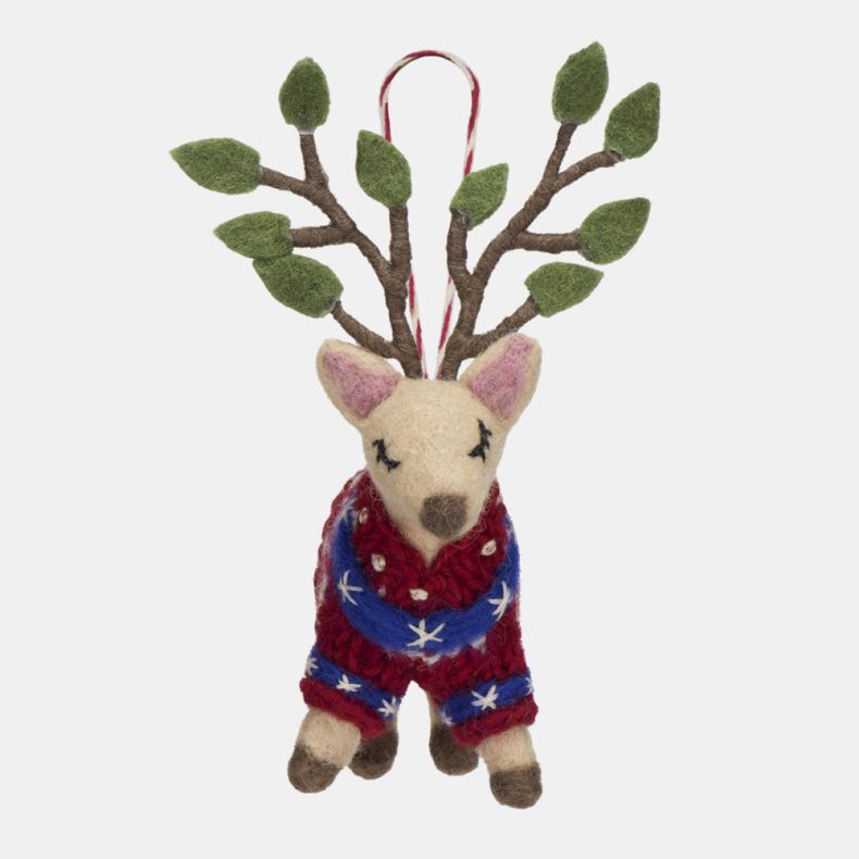 Felt hanging reindeer Christmas decoration featuring green leaf-tipped antlers, embroidered closed-eye detailing, and a red knitted jumper with blue and white festive pattern accents, suspended from a red and white hanging loop.