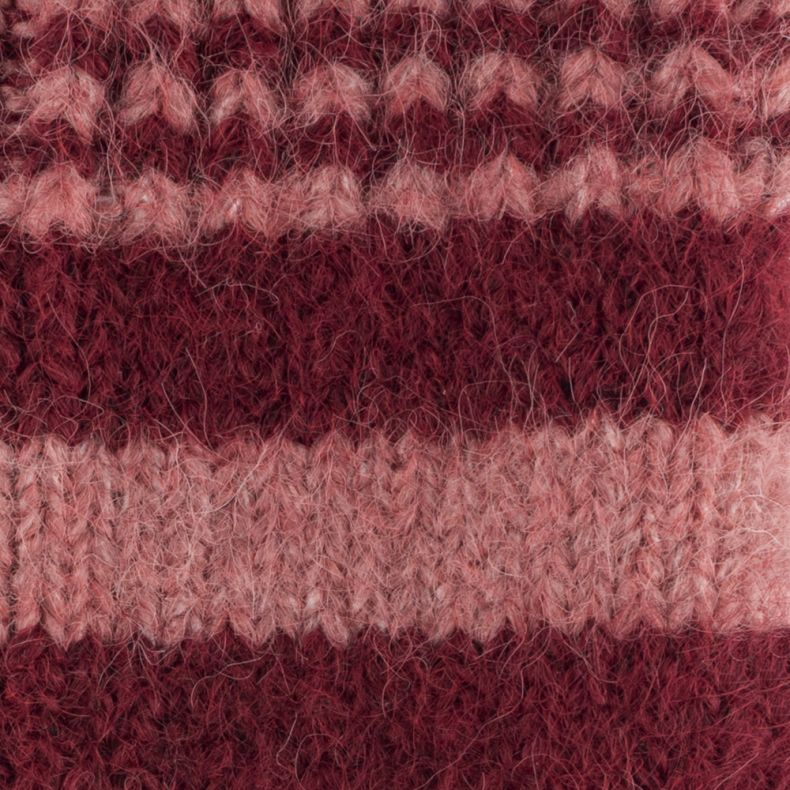 Pink and burgundy striped fingerless gloves shown in a close-up view, highlighting the soft fuzzy knit texture, alternating stripe pattern, and textured honeycomb knit detailing.