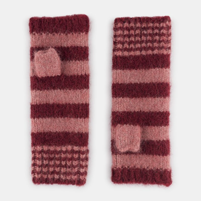 Pink and burgundy striped fingerless gloves with a soft fuzzy knit texture, featuring alternating horizontal stripes, textured cuff detailing, and thumb openings for comfortable everyday wear.
